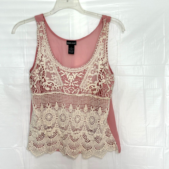 Wet Seal Tops - Vintage Wet Seal Crochet Front Tank Top Beige Pink Festival Y2K Cottage Size M